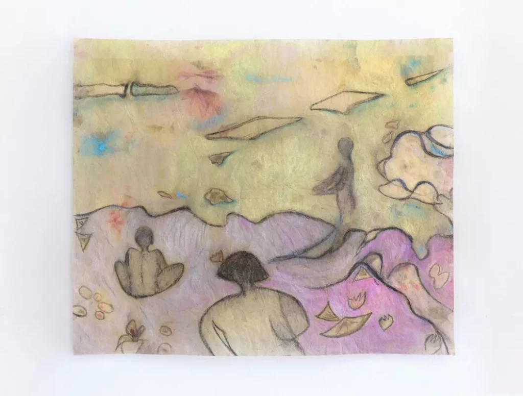 Malak-El-Zanaty-Varichon-_La-baignade-mer-jaune_-2017__De-lautre-cote-du-ciel-avec-eux-sous-les-etoiles__Cocotte-Treignac-2021-CAC-Bretigny-1056x800